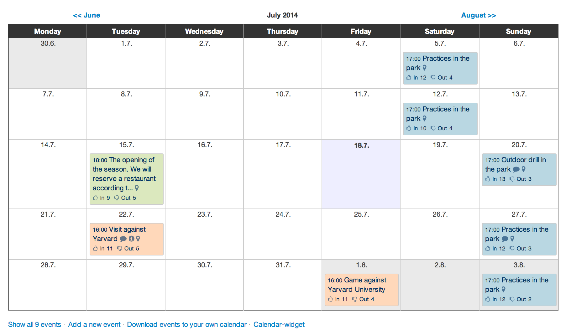 Example of monthly calendar